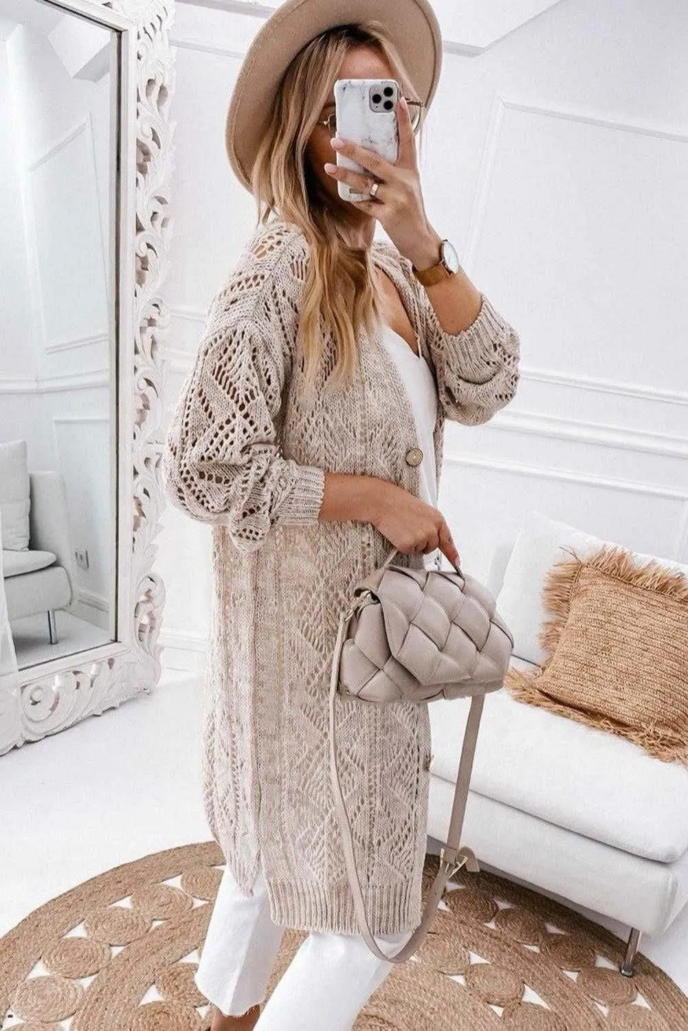 Khaki Button Up Hollow Out Loose Long Cardigan