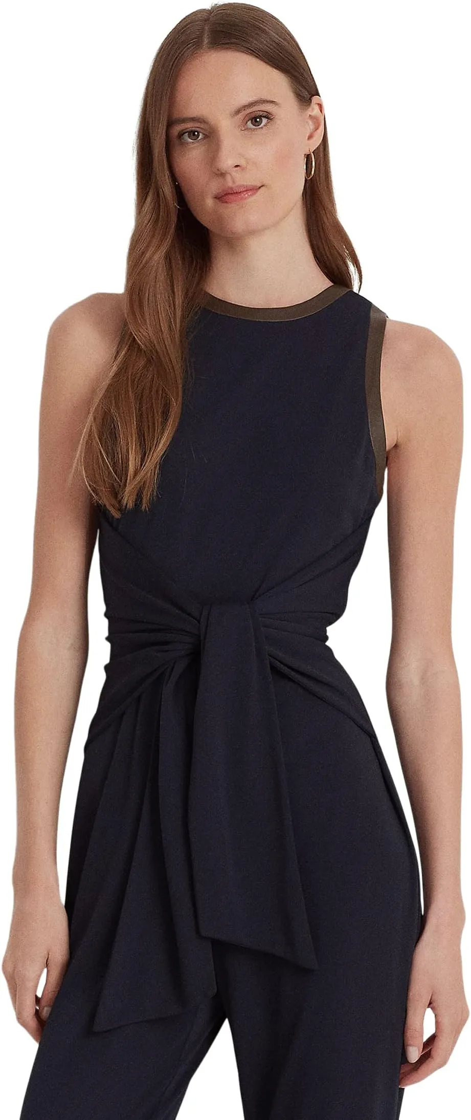 LAUREN Ralph Lauren Sleeveless Tie Front Jersey Jumpsuit in Lauren Navy