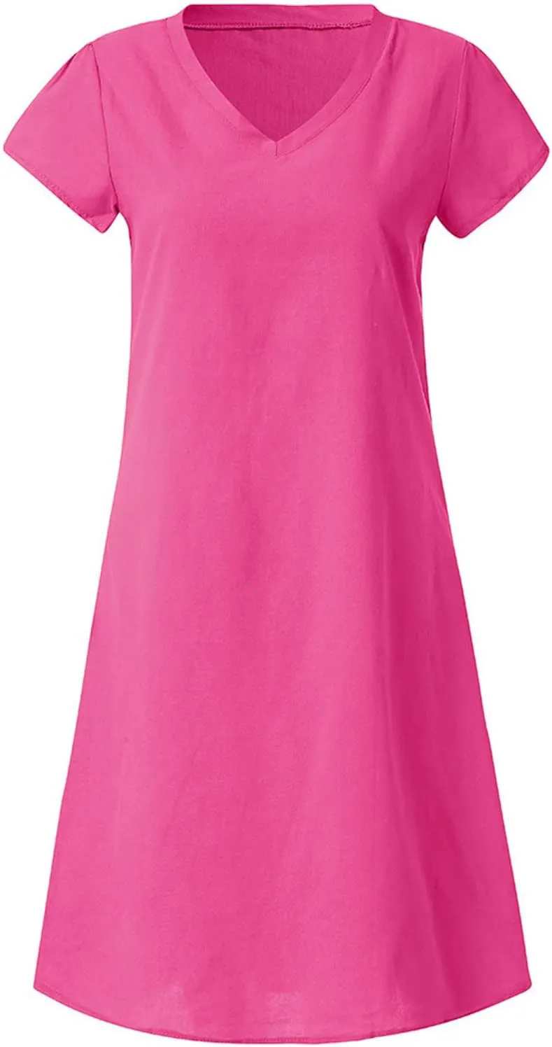 Linen Dresses for Women 2025 Short Sleeve Knee Length Midi Dresses Lightweight Summer Beach Vacation Clothes