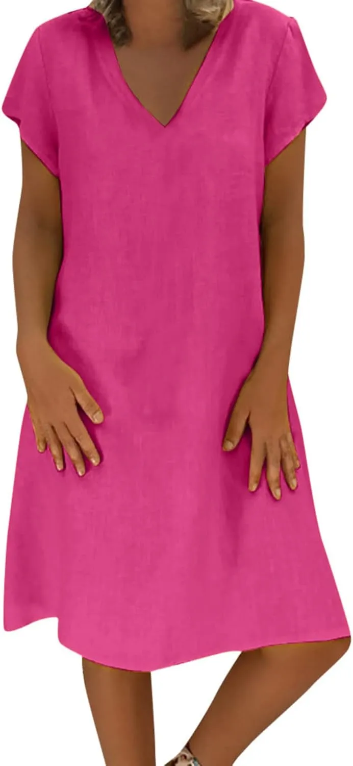 Linen Dresses for Women 2025 Short Sleeve Knee Length Midi Dresses Lightweight Summer Beach Vacation Clothes