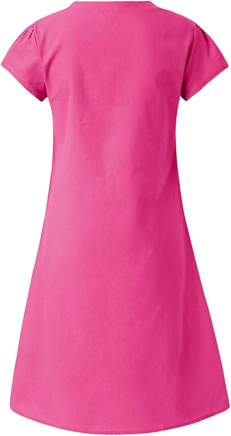 Linen Dresses for Women 2025 Short Sleeve Knee Length Midi Dresses Lightweight Summer Beach Vacation Clothes