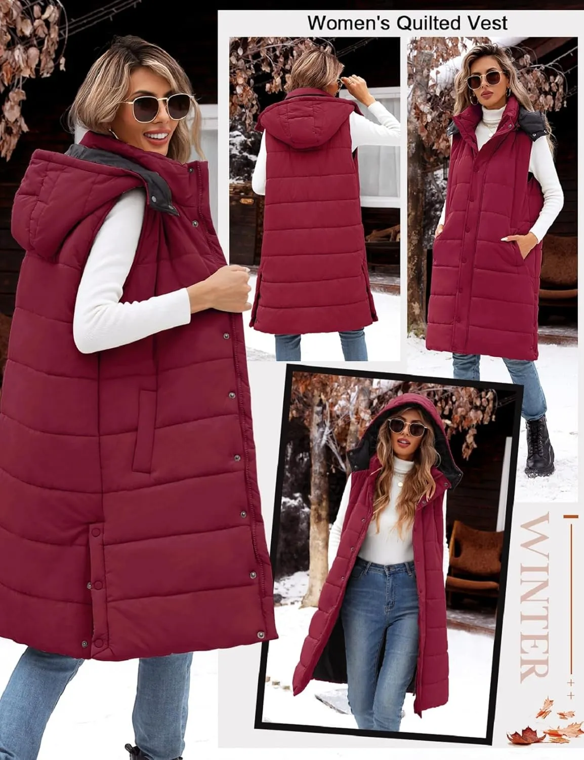 Long Puffer Vest Women With Hood Sleeveless Down Vest Warm Jacket Winter Coat With Pockets