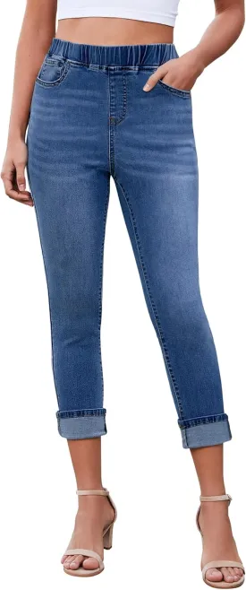 LookbookStore Capri Jeans for Women High Waisted Pull On Elastic Wasit Stretchy Denim Capris Jeggings Summer Jeans Pants