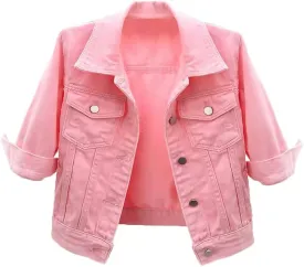 loveimgs Women Casual 3/4 Sleeve Button Down Cropped Denim Jean Jacket Motorcycle Short Jacket