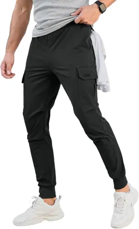 Men's Cargo Jogger Pants Stretch Sweatpants with Zipper Pockets Drawstring Outdoor Trousers Slim Fit Tapered Sweatpants