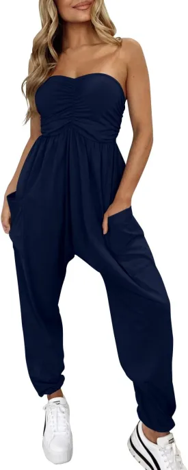 MIHOLL Womens Jumpsuit 2025 Casual Summer Strapless One Piece Rompers Loose Overalls Jumpers with Pockets