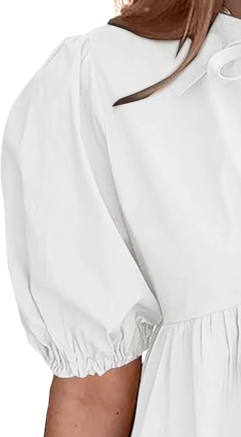 Puff Sleeve Dress for Women Summer Short Sleeve Mini Babydoll Dress Bow Front Tie Cute Pleated A Line Tunic Dresses