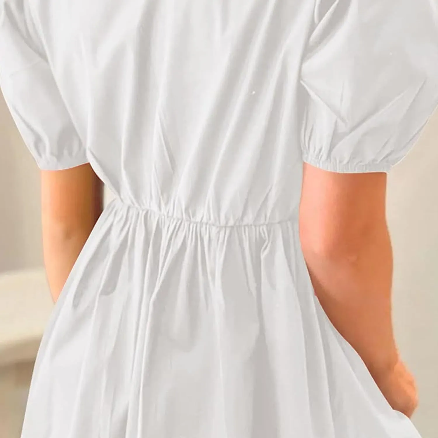 Puff Sleeve Dress for Women Summer Short Sleeve Mini Babydoll Dress Bow Front Tie Cute Pleated A Line Tunic Dresses