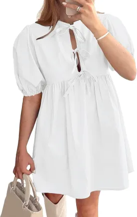 Puff Sleeve Dress for Women Summer Short Sleeve Mini Babydoll Dress Bow Front Tie Cute Pleated A Line Tunic Dresses