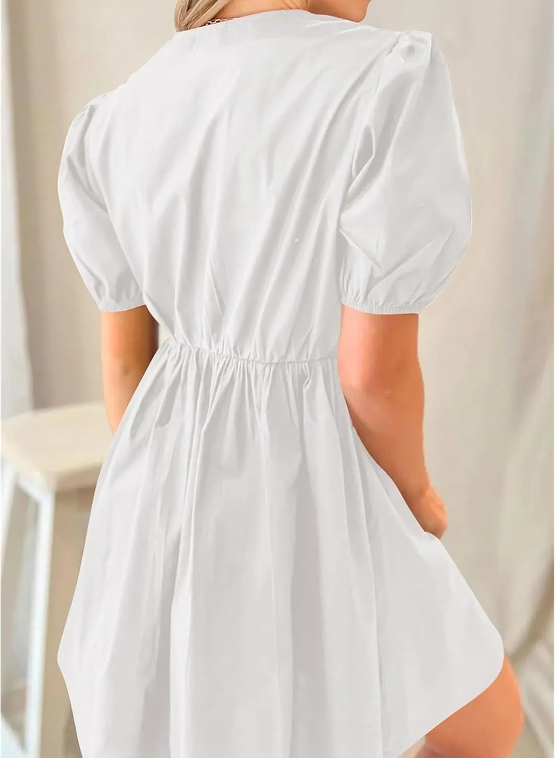 Puff Sleeve Dress for Women Summer Short Sleeve Mini Babydoll Dress Bow Front Tie Cute Pleated A Line Tunic Dresses