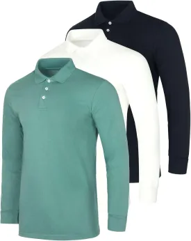 Real Essentials 3 Pack Men's Cotton Jersey Long-Sleeve Polo Shirt - Casual Workwear Office (Available in Big & Tall)