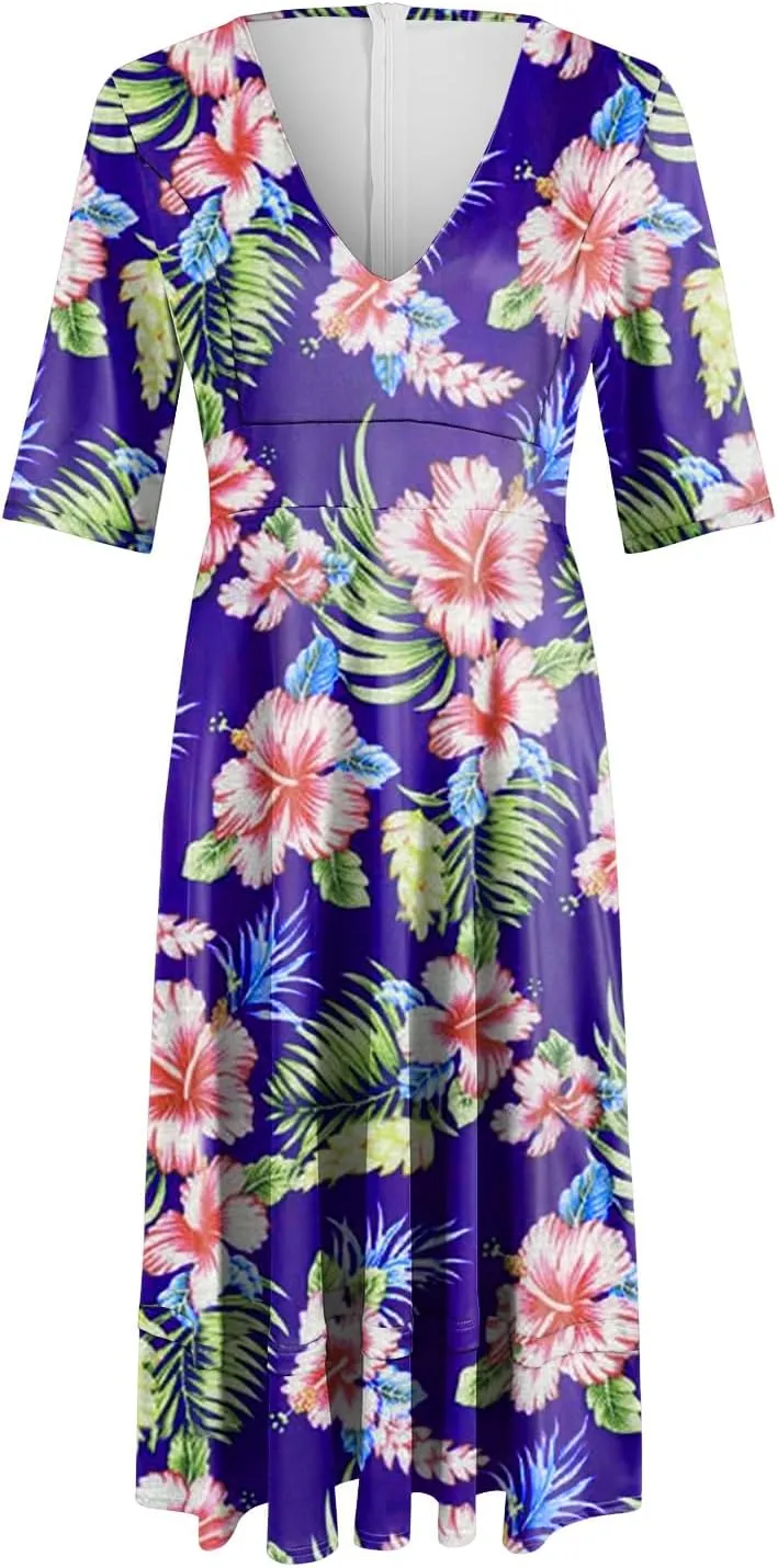 Rvidbe Womens Floral Boho Midi Dress Deep V Neck Half Sleeve High Waist Swing Dresses for Vacation Beach Summer Sundress
