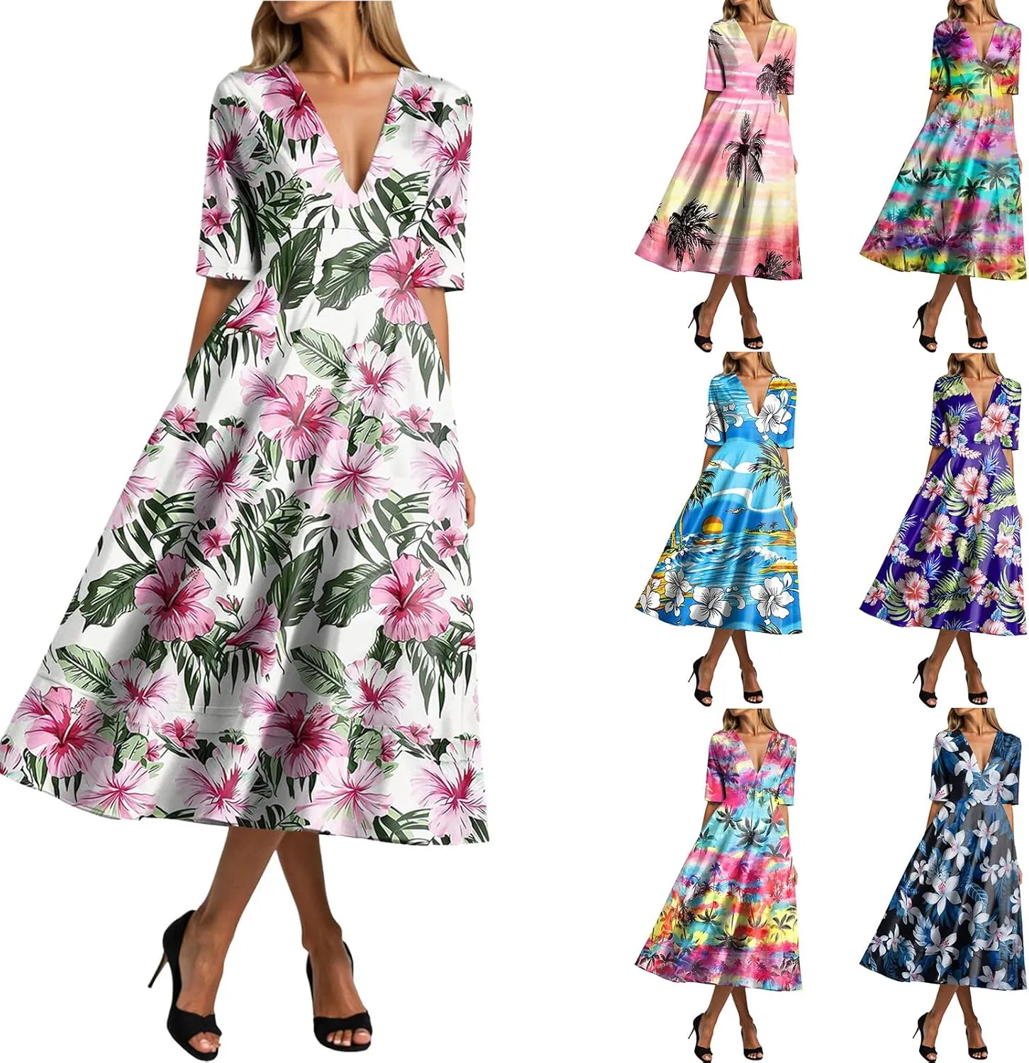 Rvidbe Womens Floral Boho Midi Dress Deep V Neck Half Sleeve High Waist Swing Dresses for Vacation Beach Summer Sundress