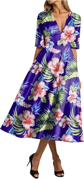 Rvidbe Womens Floral Boho Midi Dress Deep V Neck Half Sleeve High Waist Swing Dresses for Vacation Beach Summer Sundress