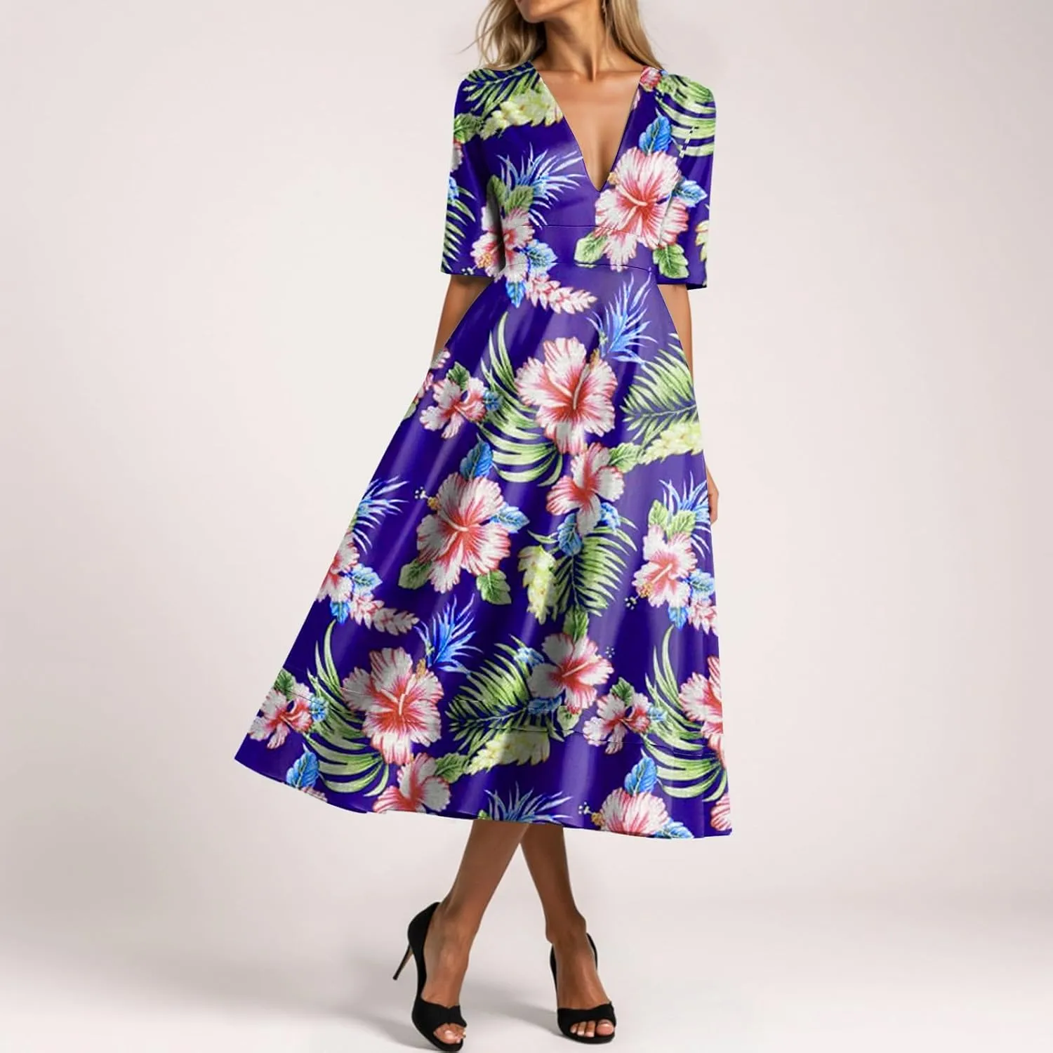 Rvidbe Womens Floral Boho Midi Dress Deep V Neck Half Sleeve High Waist Swing Dresses for Vacation Beach Summer Sundress
