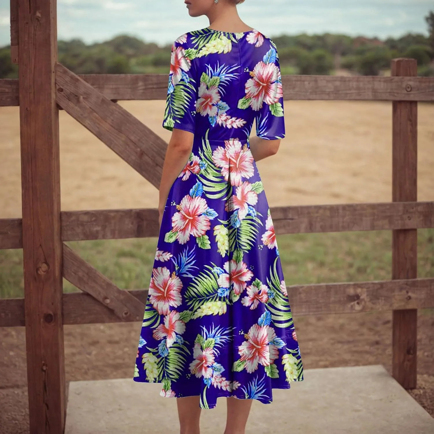 Rvidbe Womens Floral Boho Midi Dress Deep V Neck Half Sleeve High Waist Swing Dresses for Vacation Beach Summer Sundress