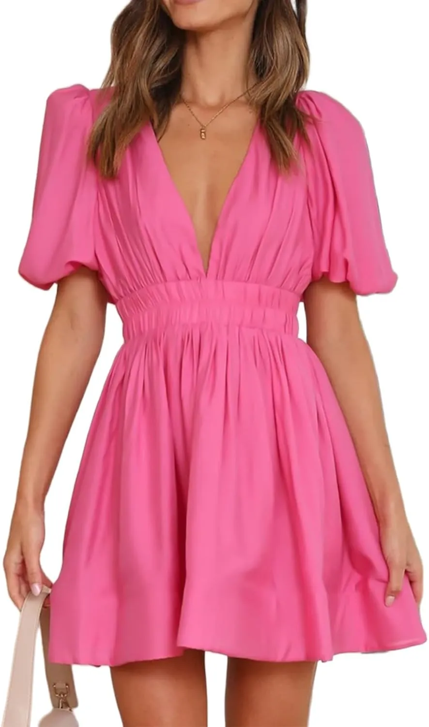 Sexy Summer Dresses for Women 2025 Puff Short Sleeve V Neck Mini Dress A Line Elastic High Waist Flowy Swing Dresses