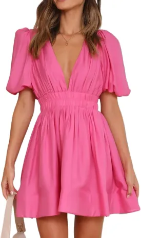 Sexy Summer Dresses for Women 2025 Puff Short Sleeve V Neck Mini Dress A Line Elastic High Waist Flowy Swing Dresses