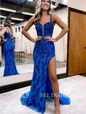 Sheath/Column Full Beaded Long Prom Dresses Gorgeous Royal Blue Evening Dress TKH003