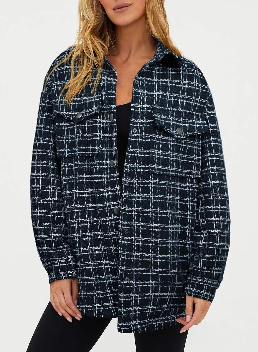 SHEWIN Women 2024 Long Sleeve Button Down Shackets Fashion Plaid Pocket Shirts Jacket
