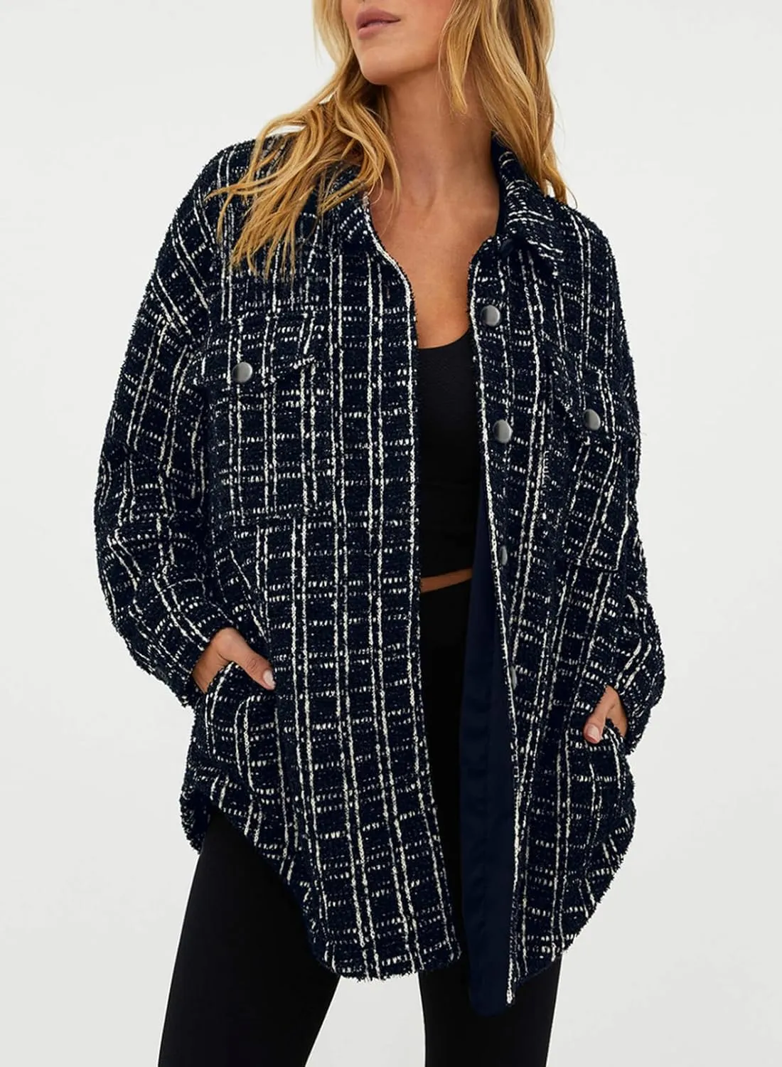 SHEWIN Women 2024 Long Sleeve Button Down Shackets Fashion Plaid Pocket Shirts Jacket