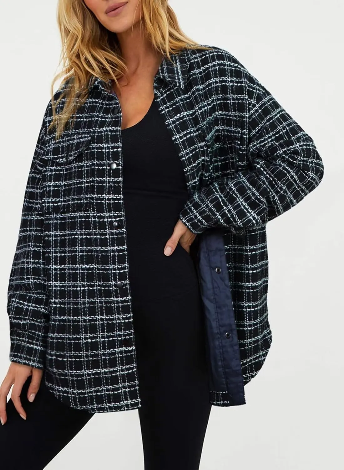 SHEWIN Women 2024 Long Sleeve Button Down Shackets Fashion Plaid Pocket Shirts Jacket