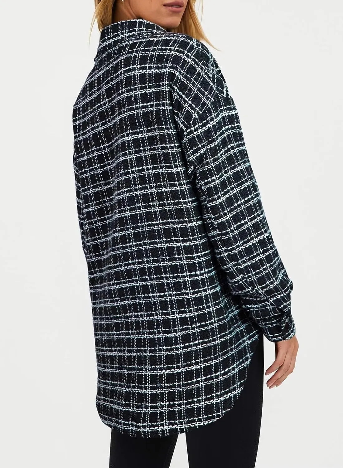 SHEWIN Women 2024 Long Sleeve Button Down Shackets Fashion Plaid Pocket Shirts Jacket