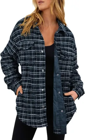 SHEWIN Women 2024 Long Sleeve Button Down Shackets Fashion Plaid Pocket Shirts Jacket
