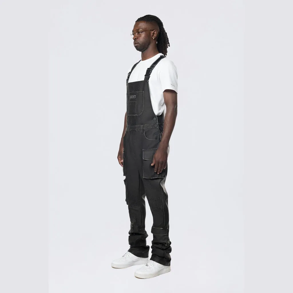 Stacked Vegan Leather Overalls - Washed Black