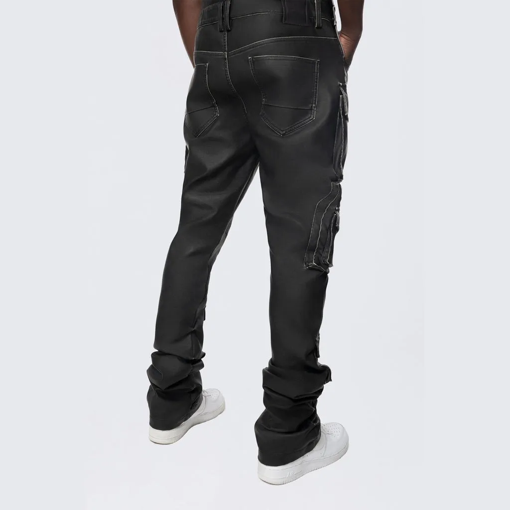Stacked Vegan Leather Overalls - Washed Black