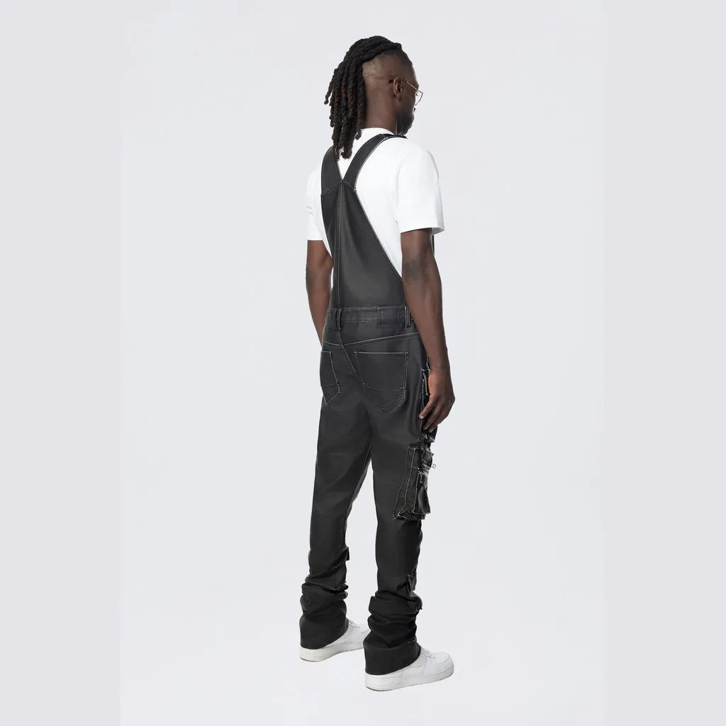 Stacked Vegan Leather Overalls - Washed Black
