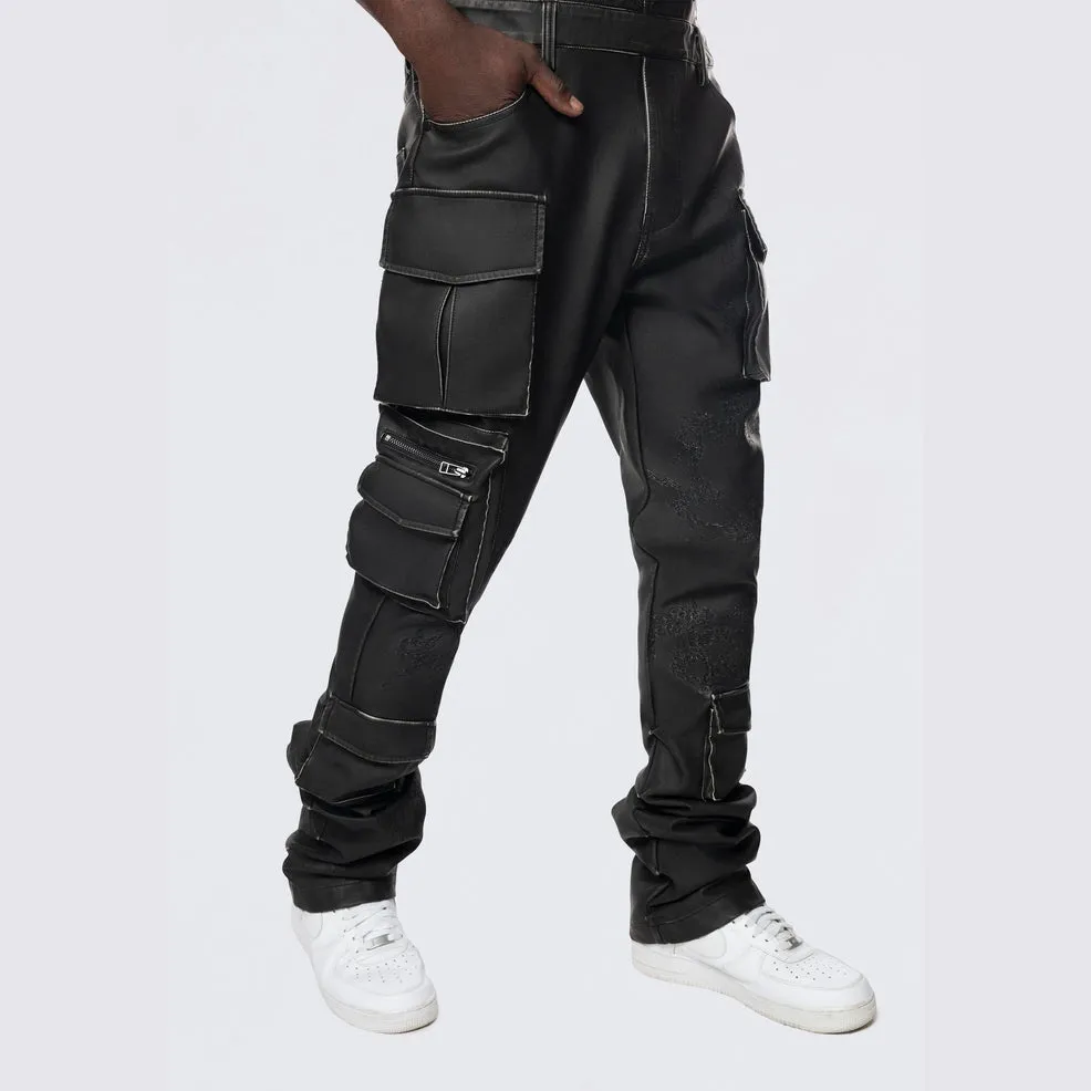 Stacked Vegan Leather Overalls - Washed Black