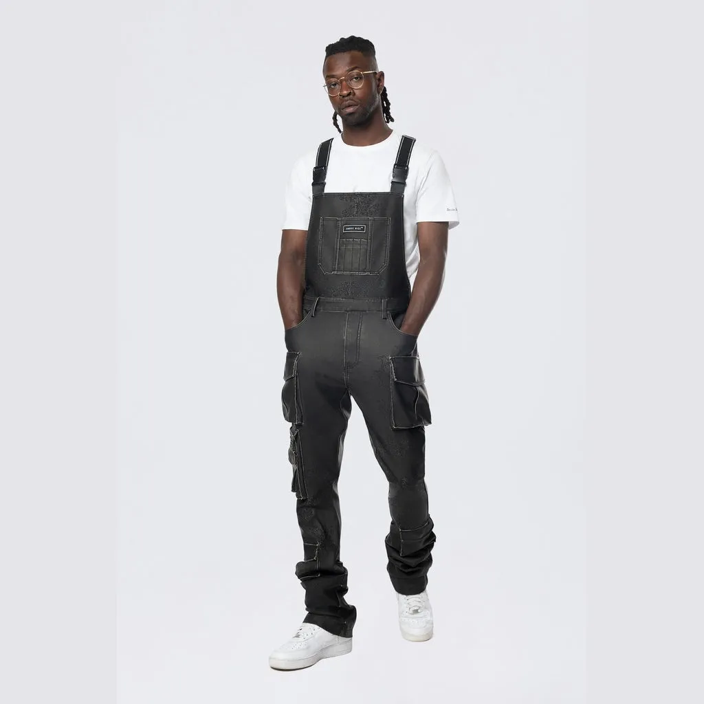 Stacked Vegan Leather Overalls - Washed Black