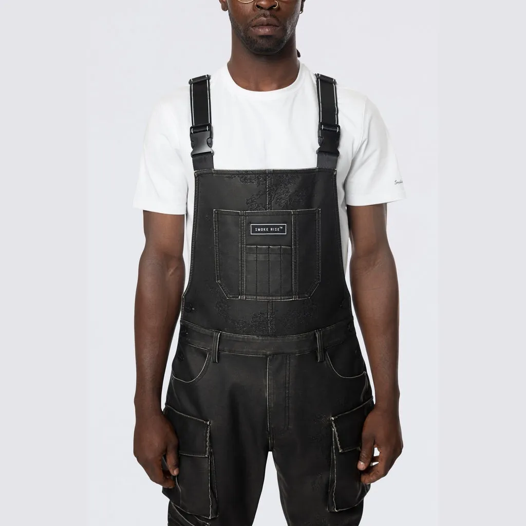 Stacked Vegan Leather Overalls - Washed Black