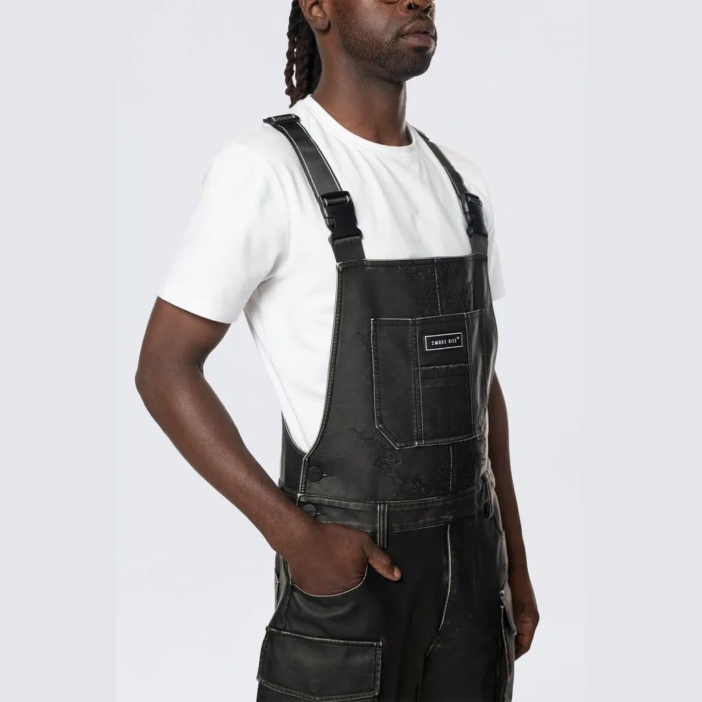 Stacked Vegan Leather Overalls - Washed Black
