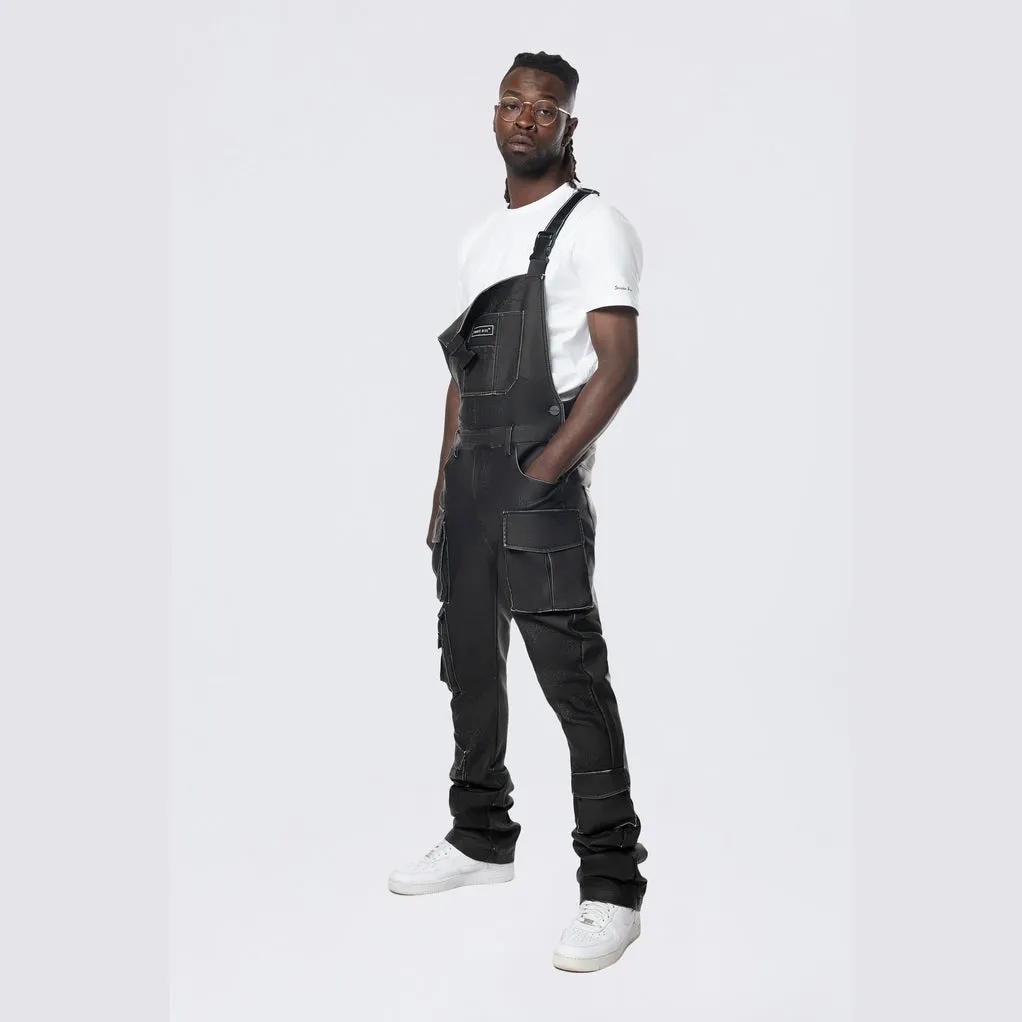 Stacked Vegan Leather Overalls - Washed Black