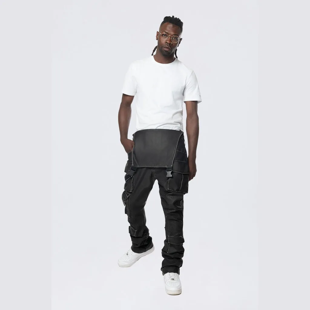 Stacked Vegan Leather Overalls - Washed Black