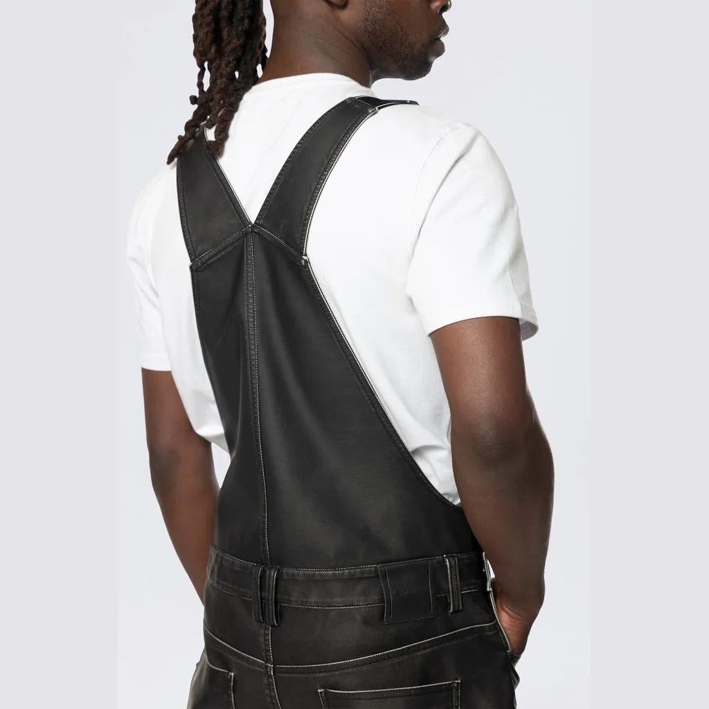 Stacked Vegan Leather Overalls - Washed Black