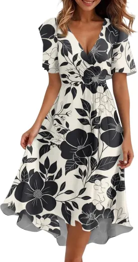 Summer Dresses for Women 2025 Midi Trendy Flowy Swing Short Sleeve V Neck Boho Floral Elegant A Line Dress