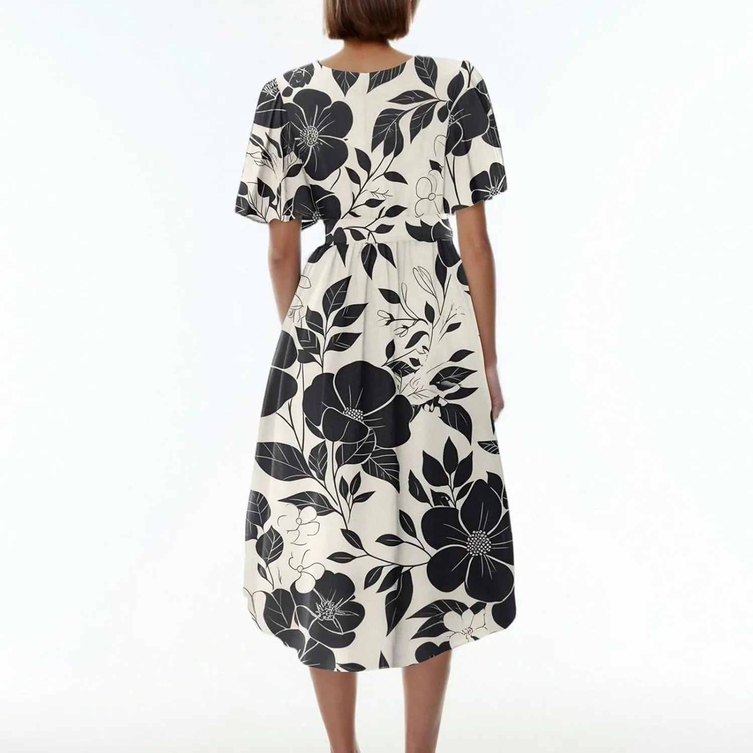 Summer Dresses for Women 2025 Midi Trendy Flowy Swing Short Sleeve V Neck Boho Floral Elegant A Line Dress