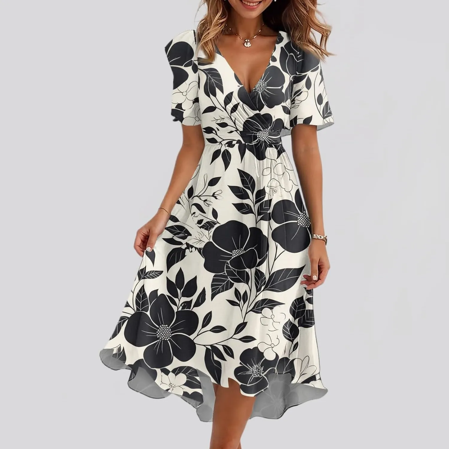 Summer Dresses for Women 2025 Midi Trendy Flowy Swing Short Sleeve V Neck Boho Floral Elegant A Line Dress