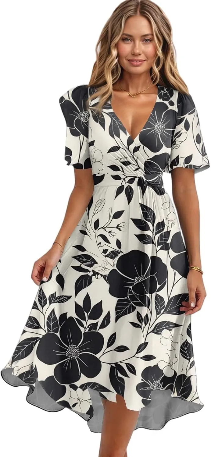 Summer Dresses for Women 2025 Midi Trendy Flowy Swing Short Sleeve V Neck Boho Floral Elegant A Line Dress