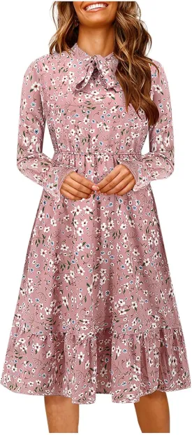 Summer Dresses for Women 2025 Trendy Bohemian Style Floral Midi Dress Long Sleeve Round-Neck Beach Casual Sundress