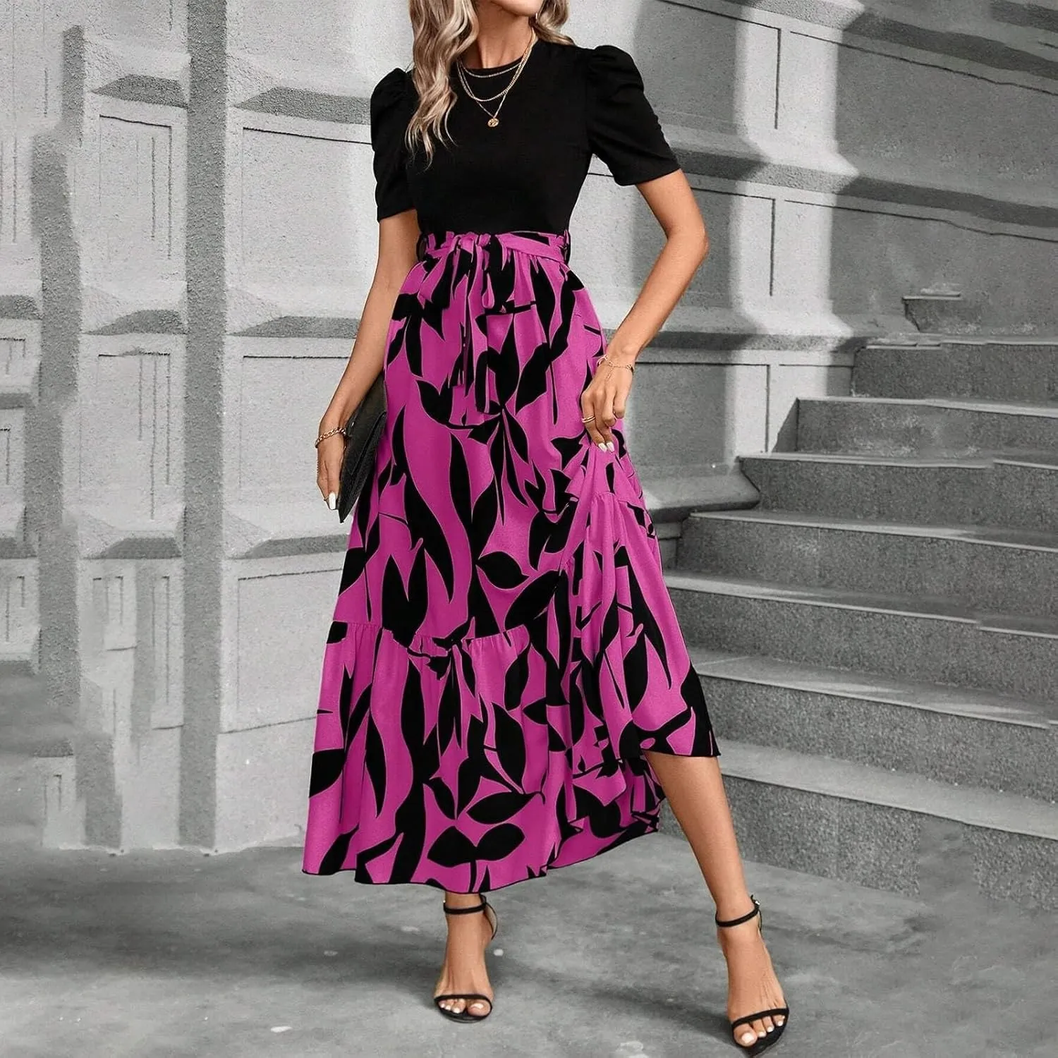 Summer Dresses for Women Floral Printrd A-Line Dress with Belt Flowy High Waist Maxi Dress Casual Elegant Long Dress