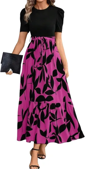 Summer Dresses for Women Floral Printrd A-Line Dress with Belt Flowy High Waist Maxi Dress Casual Elegant Long Dress