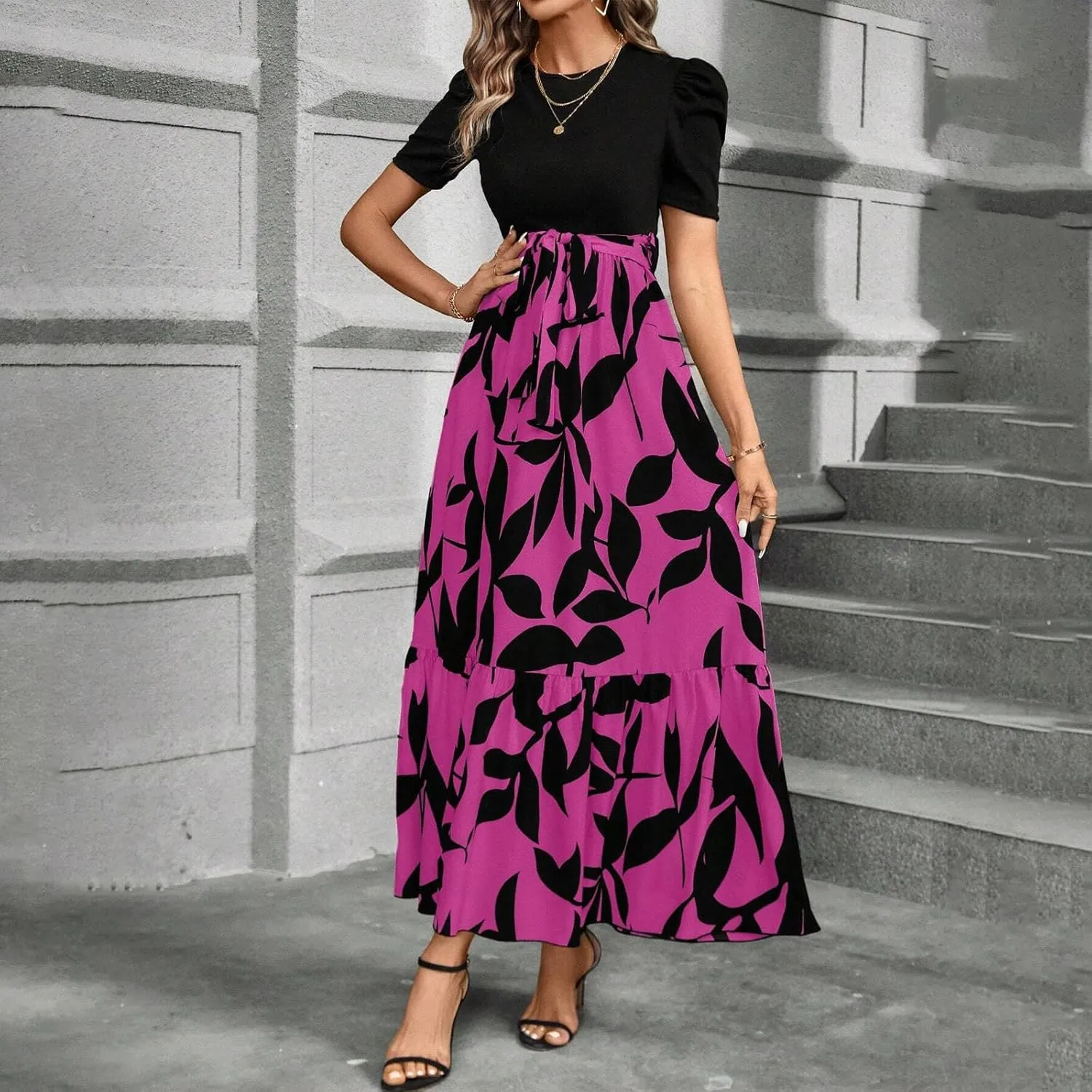 Summer Dresses for Women Floral Printrd A-Line Dress with Belt Flowy High Waist Maxi Dress Casual Elegant Long Dress