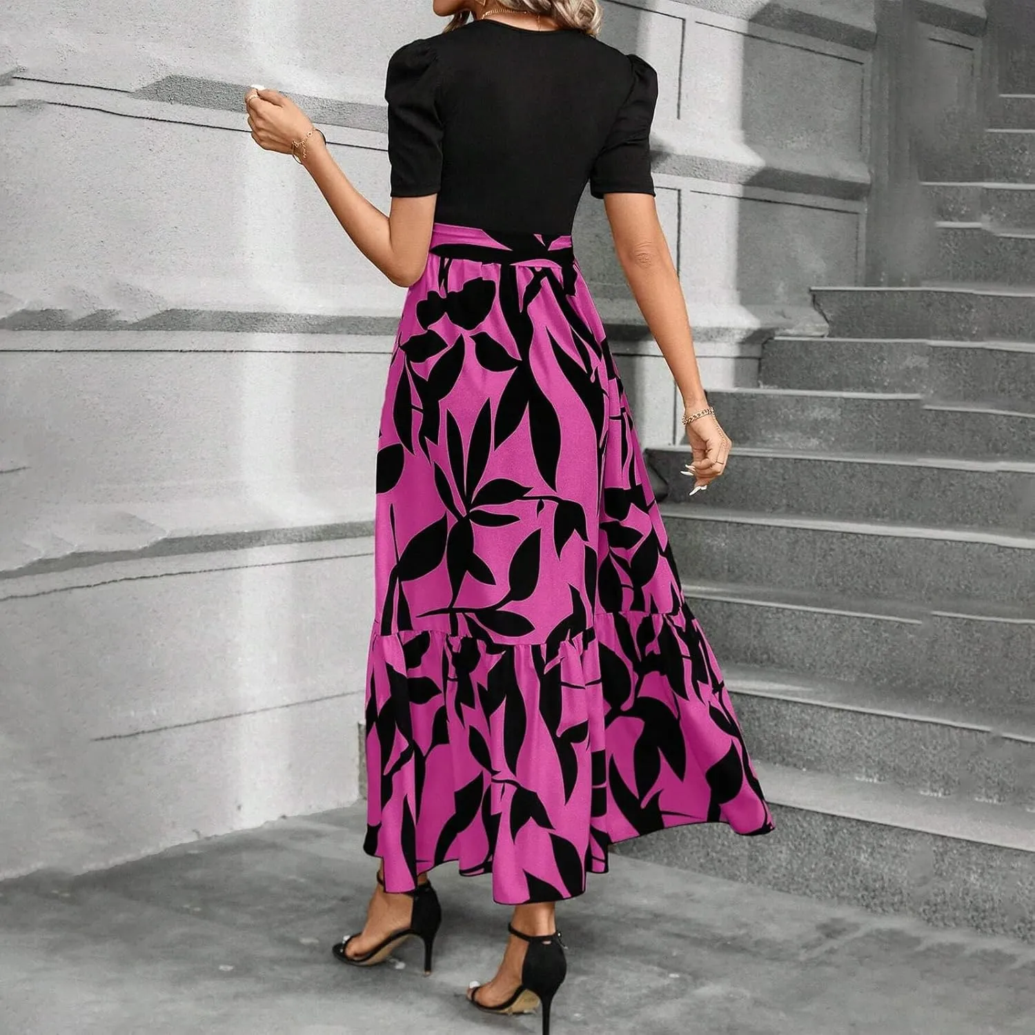 Summer Dresses for Women Floral Printrd A-Line Dress with Belt Flowy High Waist Maxi Dress Casual Elegant Long Dress