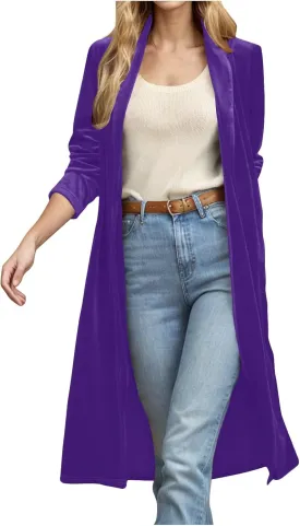 TANGNADE Velvet Cardigan Jackets for Women Long Lapel Collar Open Front Elegant Velour Blazer Cardigan Trench Coat