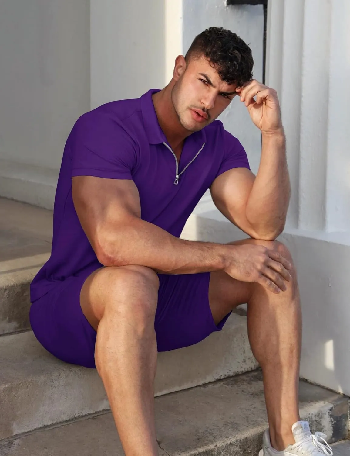 URRU Mens Short Sleeve Casual Polo Shirt and Shorts Sets Two Piece Summer Outfits Zip Polo Tracksuit Set for Men S-XXL