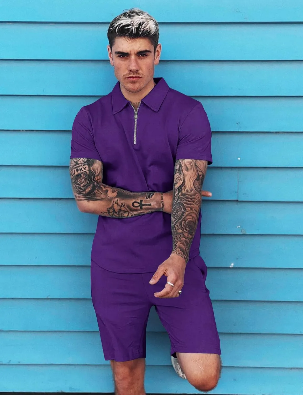 URRU Mens Short Sleeve Casual Polo Shirt and Shorts Sets Two Piece Summer Outfits Zip Polo Tracksuit Set for Men S-XXL